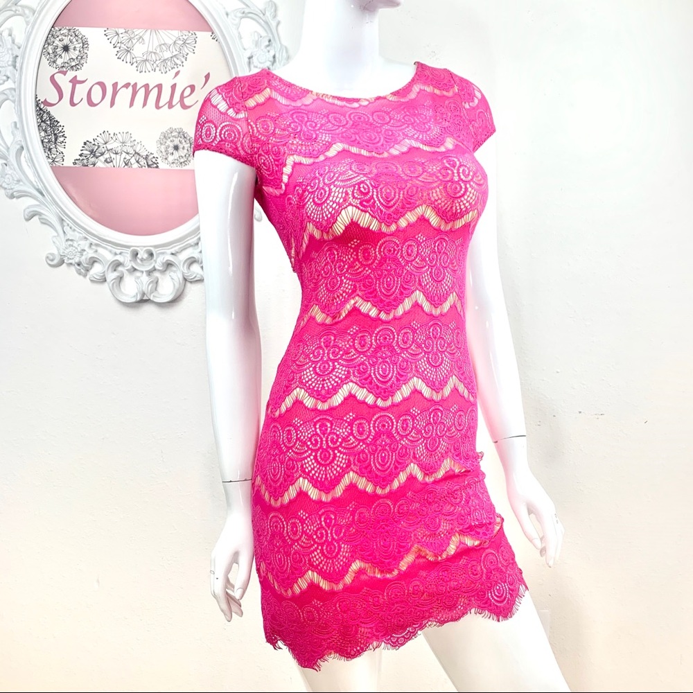 🎉HP🎉 Bebe /Lace Crochet Body-con Pink Nude Dress
